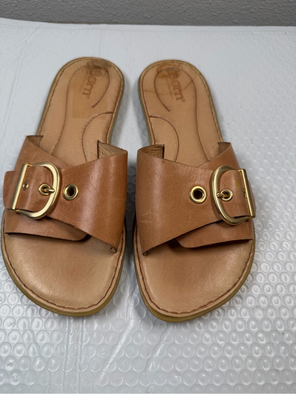 Born Leather Slide Sandals Tan Buckle Comfort Slip On Women’s Size 7M